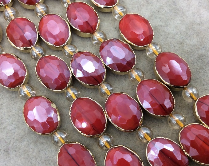 Chinese Crystal Beads | 12mm x 16mm Gold Electroplated Glossy Finish Faceted Opaque Cadmium Red Crystal Oval Glass Beads