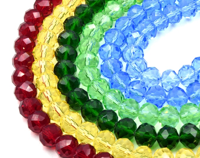 Chinese Crystal Beads | 10mm Faceted Transparent Rondelle Shaped Crystal Beads | Red Blue Green Yellow Available