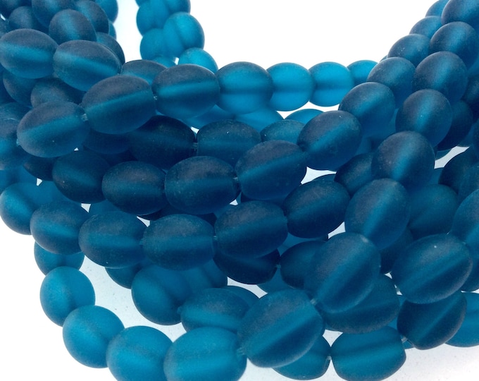 8mm x 10mm Matte Semi Transparent Teal Oval Shaped Indian Beach/Sea Beadlanta Glass Beads - Sold by 15" Strand - ~38 Beads per Strand