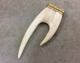 SALE 4.5" White/Off White Flat Double Claw Shaped Natural Ox Bone Pendant with New Cap Design - Measuring 48mm x 120mm, Approximately
