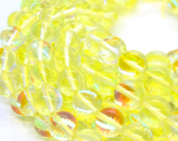 Synthetic Moonstone Beads | Mystic Aura Quartz Beads | Lemon Yellow Holographic Glass Beads - 6mm 8mm 10mm 12mm Available