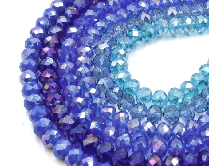 Chinese Crystal Beads | 8mm Faceted AB Coated Rondelle Shaped Crystal Beads | Blue