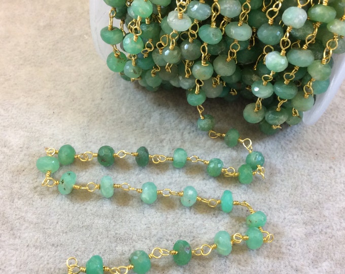 Gold Plated Copper Rosary Chain with Faceted 6-7mm Rondelle Shaped Chrysoprase Beads (CH323-GD) - Sold by the Foot! - Natural Beaded Chain