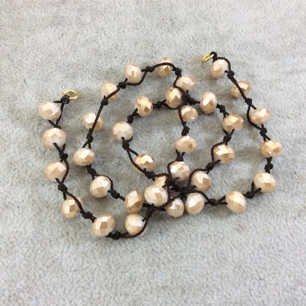 Chinese Crystal Beads | 18" Dark Brown Thread Necklace Section with 8mm Faceted AB Finish Rondelle Shaped Opaque Champagne Glass Beads