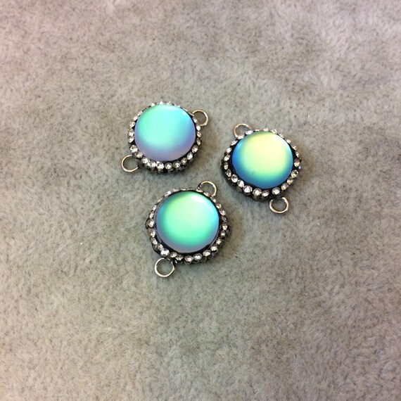Pave Rhinestone Connector – Round Synthetic Aqua/Green Moonstone, Two Rings (15mm)