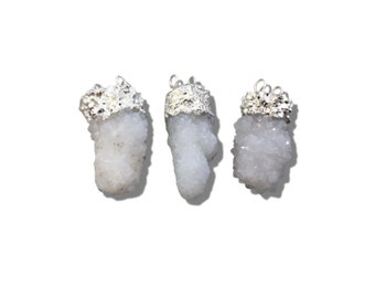 Druzy Pendant - Silver Electroplated White Spirit / Cactus Quartz Freeform Vertical Cluster Focal Pendant