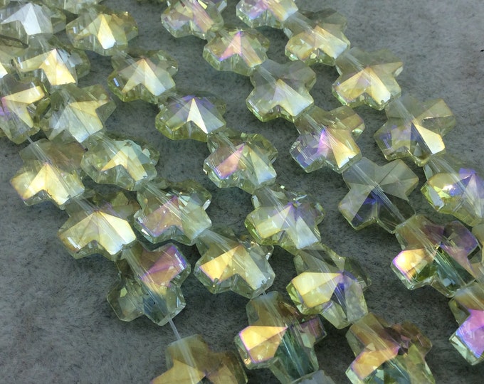 Chinese Crystal Beads | 13mm x 13mm Glossy Faceted Transparent Metallic Pale Yellow Crystal Glass Cross Shaped Beads