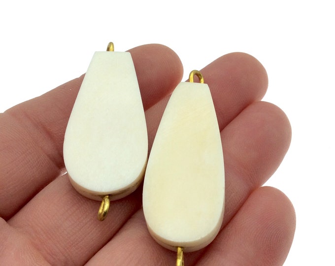 White/Off White Flattened Teardrop Shaped Natural Bone Focal Connector - 18mm x 36mm Approximately - Sold Individually
