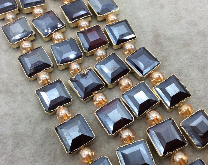 Chinese Crystal Beads | 12mm x 12mm Gold Electroplated Glossy Finish Faceted Opaque Black Ruby Square Glass Beads