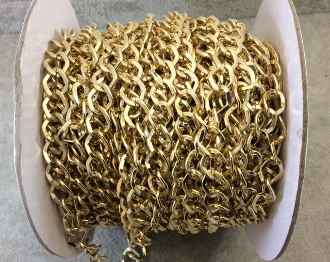 A1519 FULL SPOOL - Gold Plated Aluminum Wide Diamond/Angular Shaped Flat Link Curb Chain with 9mm x 11mm Links - Three Finishes Available