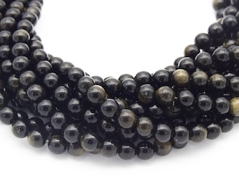 Golden Obsidian Bead | Gold Sheen Black Round Smooth Finish Gemstone Beads | 4mm 6mm 8mm 10mm 12mm Available