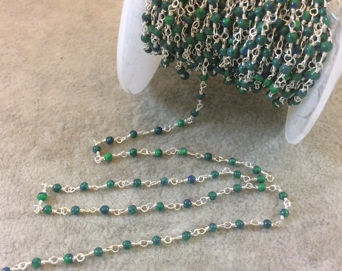 Silver Plated Wrapped Copper Rosary Chain with Glossy 2mm Round Shaped Manmade Malachite/Azurite Beads - Sold in 1' Increments - (CH021-SV)