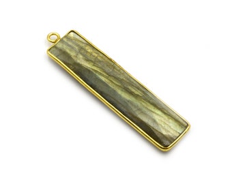 Labradorite Bezel | Gold Plated Faceted Natural Rainbow Rectangle/Bar Shaped Pendant - ~ 10mm x 40mm -Sold Individually, Chosen Randomly