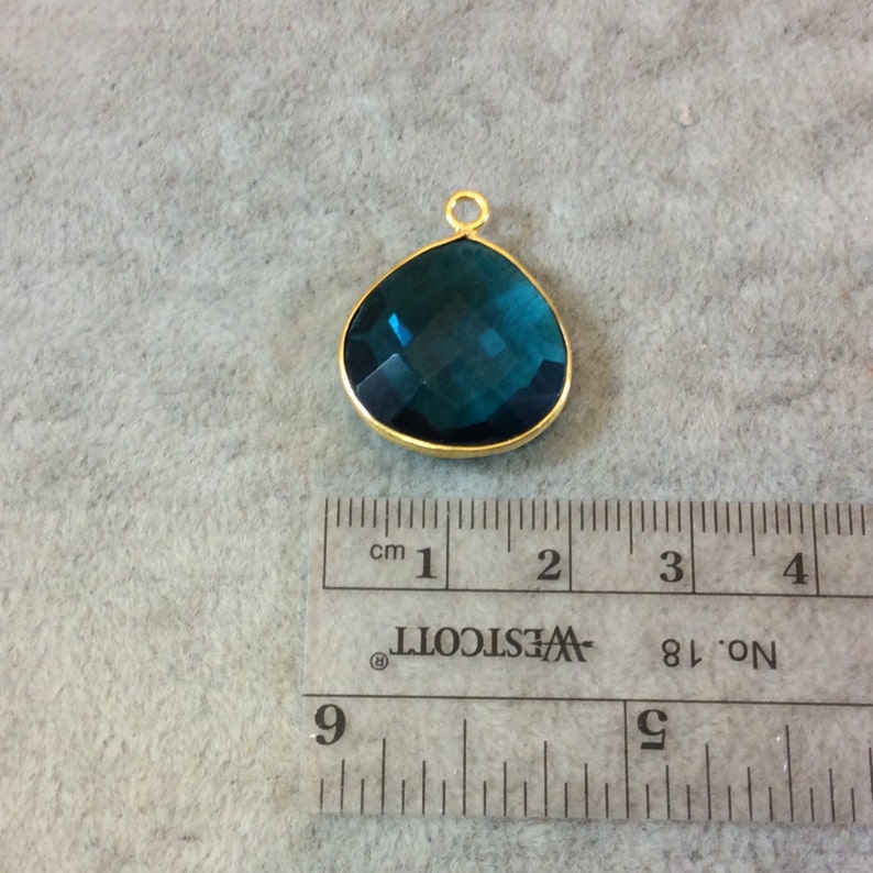 Natural Semi-precious Gemstone Measuring 18mm x 18mm Gold Finish Faceted Teal Quartz HeartTeardop Shaped Bezel Pendant Component