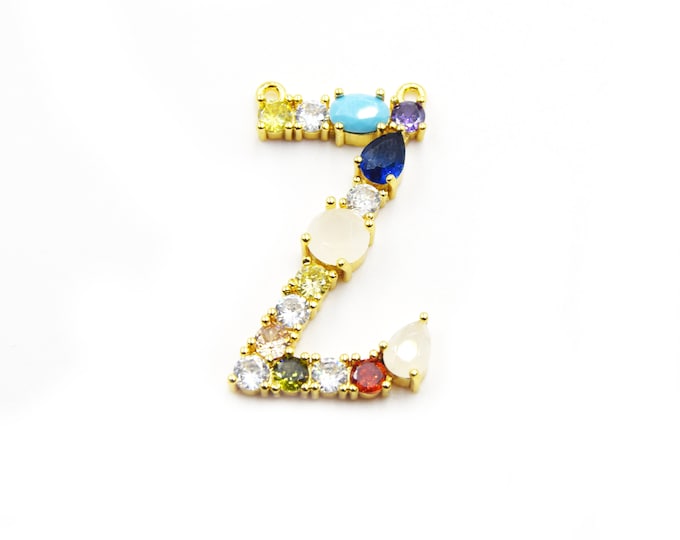 Gold Alphabet Rhinestone Pendant | Letter Z Multi-color Rhinestone Pendant with Two Loops - 25mm x 35mm