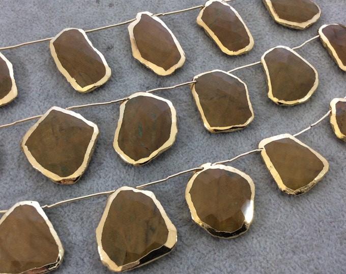 Honey Jasper Slab Beads - Faceted Top Drilled Beads with Gold Electroplating