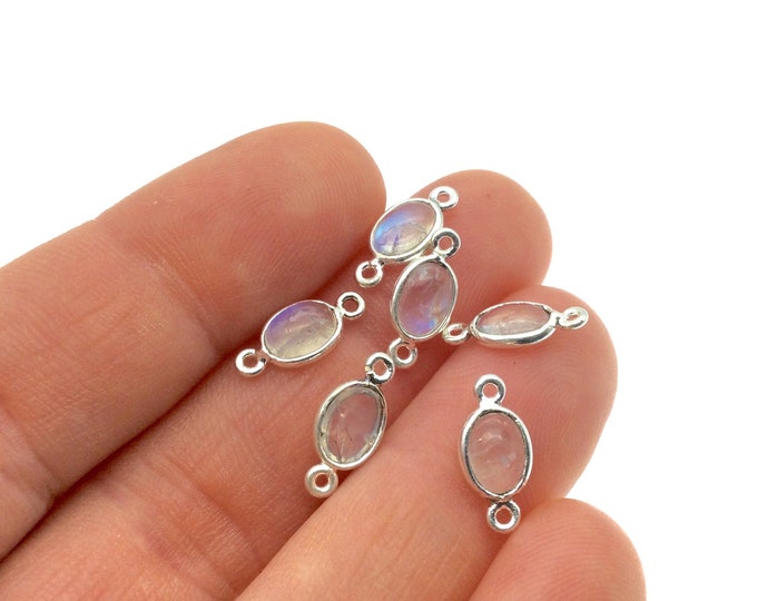 BULK PACK of Six (6)  Sterling Silver smooth Moonstone Oval Shaped Bezel Connectors - Measuring 5mm x 7mm. Approximately.