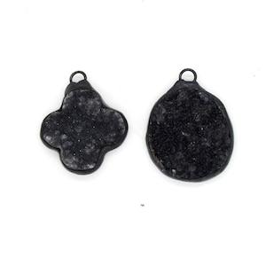 Soldered Black Druzy Gemstone Pendants | Gemstone Pendants with Soldered Gunmetal Edging | Quatrefoil, Circle Shaped Pendants