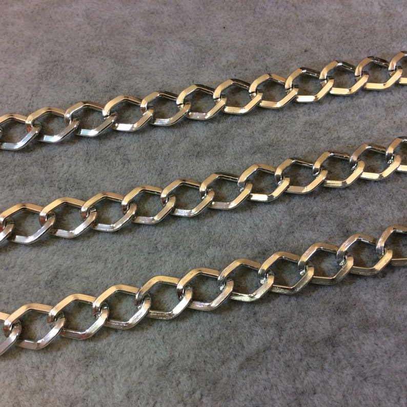 A1519 FULL SPOOL Three Finishes Available Silver Plated Aluminum Wide DiamondAngular Shaped Flat Link Curb Chain with 9mm x 11mm Links