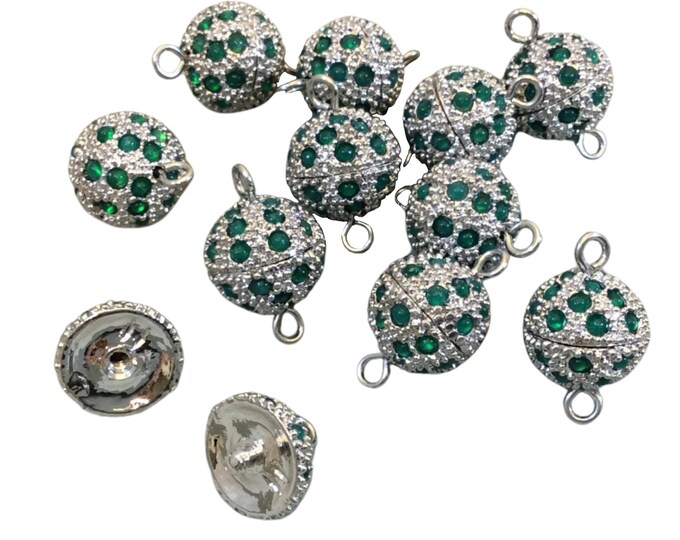11mm Pave Style Green Glass Encrusted Silver Plated Round/Ball Shaped Threaded Twist Clasps- Sold Individually - Elegant and Classy