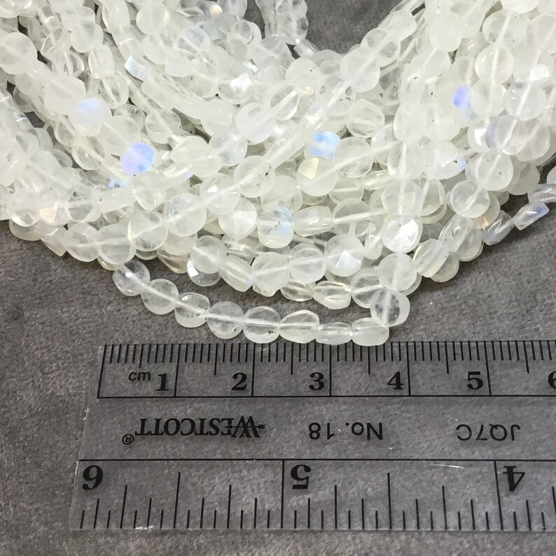 High Quality Hand-Cut Semi-Precious Gemstone ~69 Beads 4.5-5mm x 4.5-5mm Freeform Faceted Coin Shaped Rainbow Moonstone Beads 14 Strand