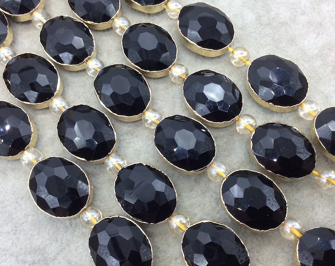 Chinese Crystal Beads | 16mm x 20mm Gold Electroplated Glossy Finish Faceted Opaque Black Onyx Crystal Oval Glass Beads