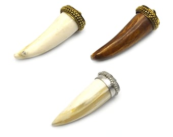 Bone Pendant | Small Tusk/Claw Shaped Natural Ox Bone Pendant | Bone Charm | White Tusk Brown Tusk | Gold Silver Cap