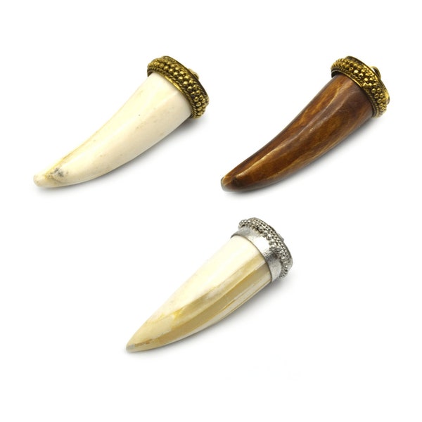 Bone Pendant | Small Tusk/Claw Shaped Natural Ox Bone Pendant | Bone Charm | White Tusk Brown Tusk | Gold Silver Cap