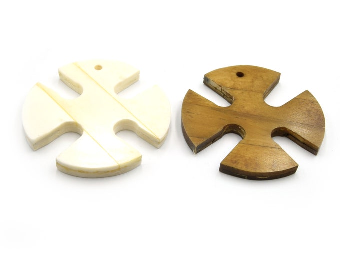 Medieval Cross Shaped Ox Bone Focal Pendant - White & Brown Bone Pendant