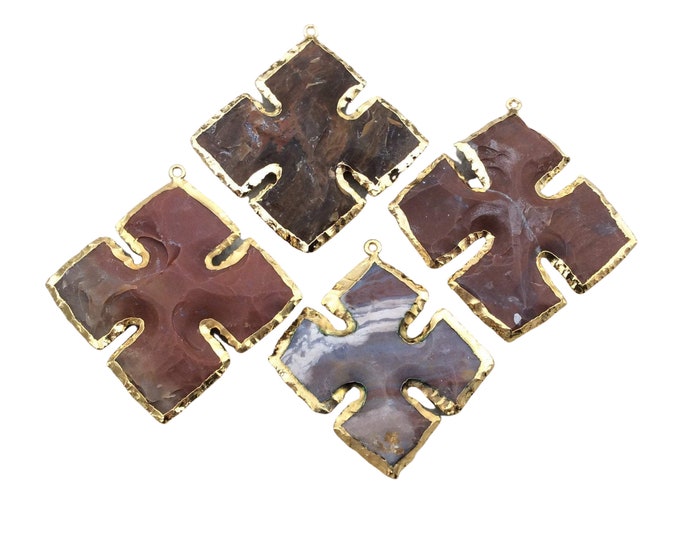 1.5-2" Gold Finish Cross Shape Electroplated Mixed Jasper Pendant EJ003S - ~ 40mm-50mm Long - Sold Individually, Randomly Chosen