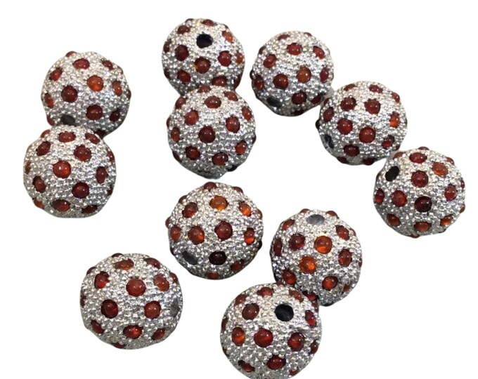 11mm Pave Style Red Glass Encrusted Silver Plated Round/Ball Shaped Beads with 1.5mm Holes - Sold Individually - Elegant Metal Beads