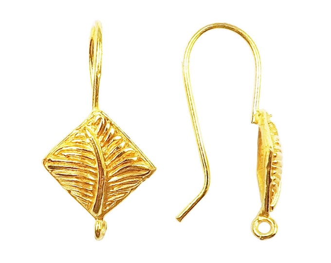14mm x 15mm - 18k Gold Overlay Kite Shape with Leaf Design- High Quality Earring Wire - One Pairs Per Pack (Two Pieces Total)