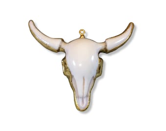 Large Gold Electroplated White/Off White Acrylic Steer Skull Shaped Focal Pendant - Measuring 58mm x 47mm, Approximately - Sold Individually