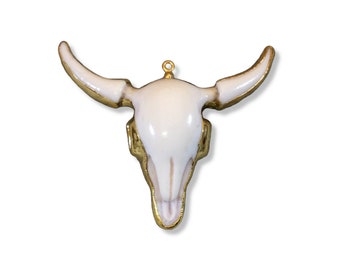 Large Gold Electroplated White/Off White Acrylic Steer Skull Shaped Focal Pendant - Measuring 58mm x 47mm, Approximately - Sold Individually