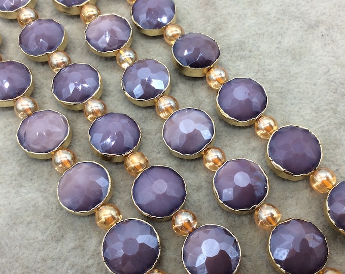 Chinese Crystal Beads | 14mm x 14mm Gold Electroplated Glossy Finish Faceted Opaque Orchid Purple Round Coin Glass Beads