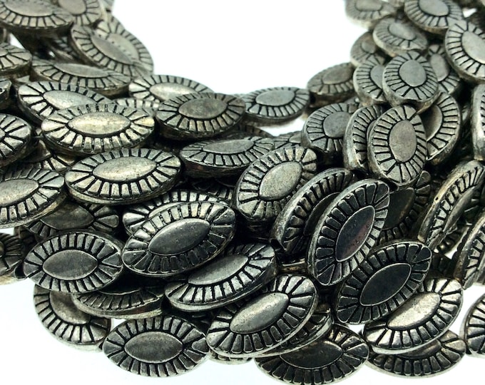 Silver Finish Concho Marquise Pattern Pewter Beads - 8" Strand (Approximately 14 Beads) - Measuring 7mm x 14mm, Approx. - 2mm Hole Size