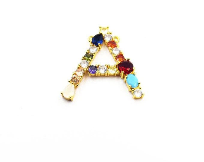 Gold Alphabet Rhinestone Pendant | Letter A Multi-color Rhinestone Pendant with Two Loops - 35mm x 40mm