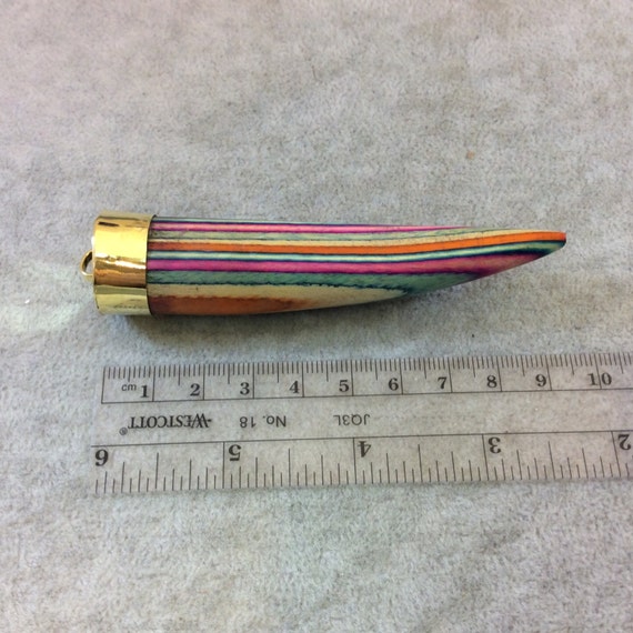 3.5 GreenBlue Striped Round TuskClaw Shaped Dyed Wooden Pendant with Gold Plated Cap TR040-BL Approx. Measuring 22mm x 90mm