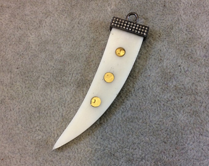 2.75" White/Off White Ox Bone Flat Tusk Pendant with Dot Inlay and Pave Cubic Zirconia Encrusted Cap - 18mm x 75mm - Sold Individually