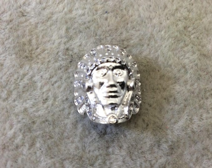 Silver Plated CZ Cubic Zirconia Inlaid Native American Head Shaped Bead White CZ - Measures 13mm x 15mm, Approx. - Sold Individually, RANDOM