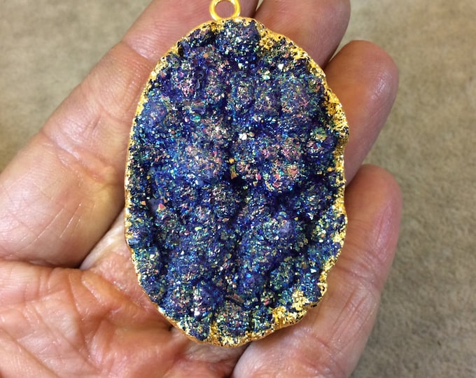 OOAK Gold Electroplated Premium Blue/Purple Titanium Druzy Oval Shaped Pendant - Measuring 36mm x 53mm, Approximately - Sold Individually