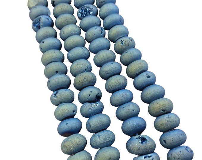 10mm Matte Finish Premium Blue/Gold Titanium Druzy Agate Rondelle Shaped Beads with 1mm Holes - Sold by 7.75" Strands (Approx. 33 Beads)