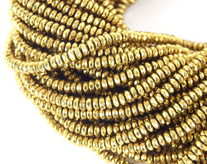 Metallic Gold Hematite Rondelle Beads - Faceted 2mm x 4mm Spacer Beads
