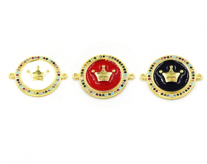 CZ Enamel Brass Connector | 20mm Enamel Circle with Crown and CZ Rim - White, Black, Red available