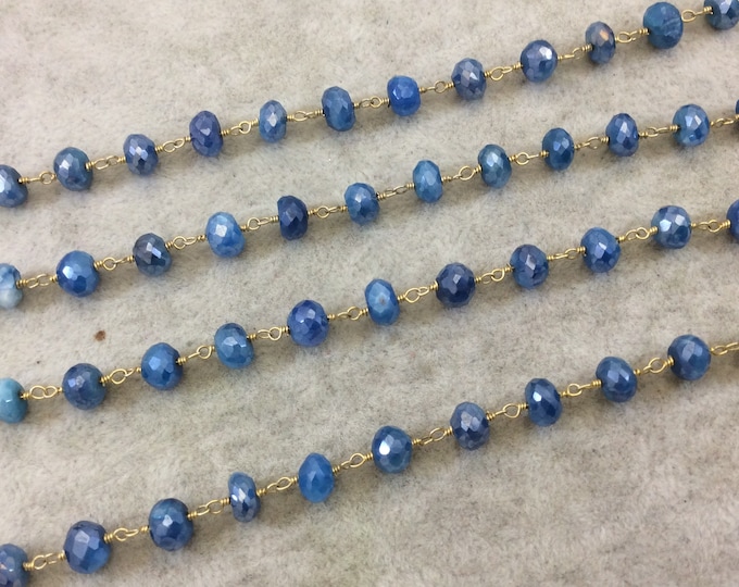 Gold Plated Copper Rosary Chain with Faceted 4mm x 6mm Rondelle Shape Mystic Medium Blue Moonstone Beads - Sold Per Ft - (CH331-GD)