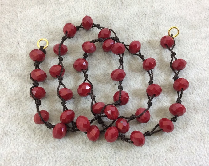 Chinese Crystal Beads | 18" Dark Brown Thread Necklace Section with 8mm Faceted Glossy Finish Rondelle Shaped Opaque Garnet Red Glass Beads