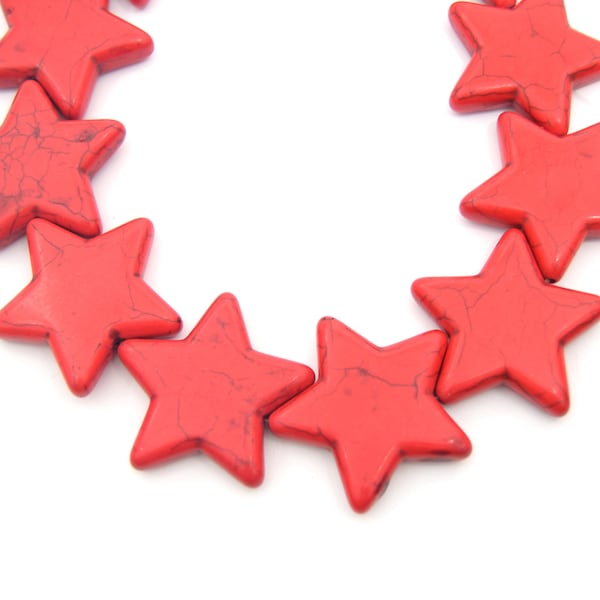 35mm Bright Red Veined Howlite Star Shaped Beads with 1mm Holes - (Approx. 15.5" Strand ~ 13 Beads)