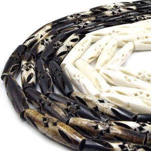 Bone Beads | Carved Tube Bone Beads |  Tribal Bone Tube Beads | White Mottled Black Brown Available