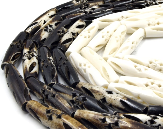 Bone Beads | Carved Tube Bone Beads |  Tribal Bone Tube Beads | White Mottled Black Brown Available