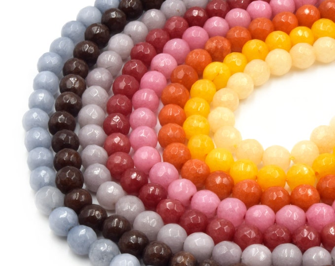 Faceted Jade Beads | 6mm Faceted Dyed Gray Brown Red Pink Orange Yellow Jade Round Beads with 1mm Holes - Sold by 15.5" Strands (~ 58 Beads)